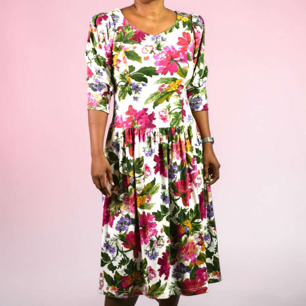 Dennis Goldsmith Puff Sleeve Dress 90s Vintage Floral Midi Pockets Large Petite